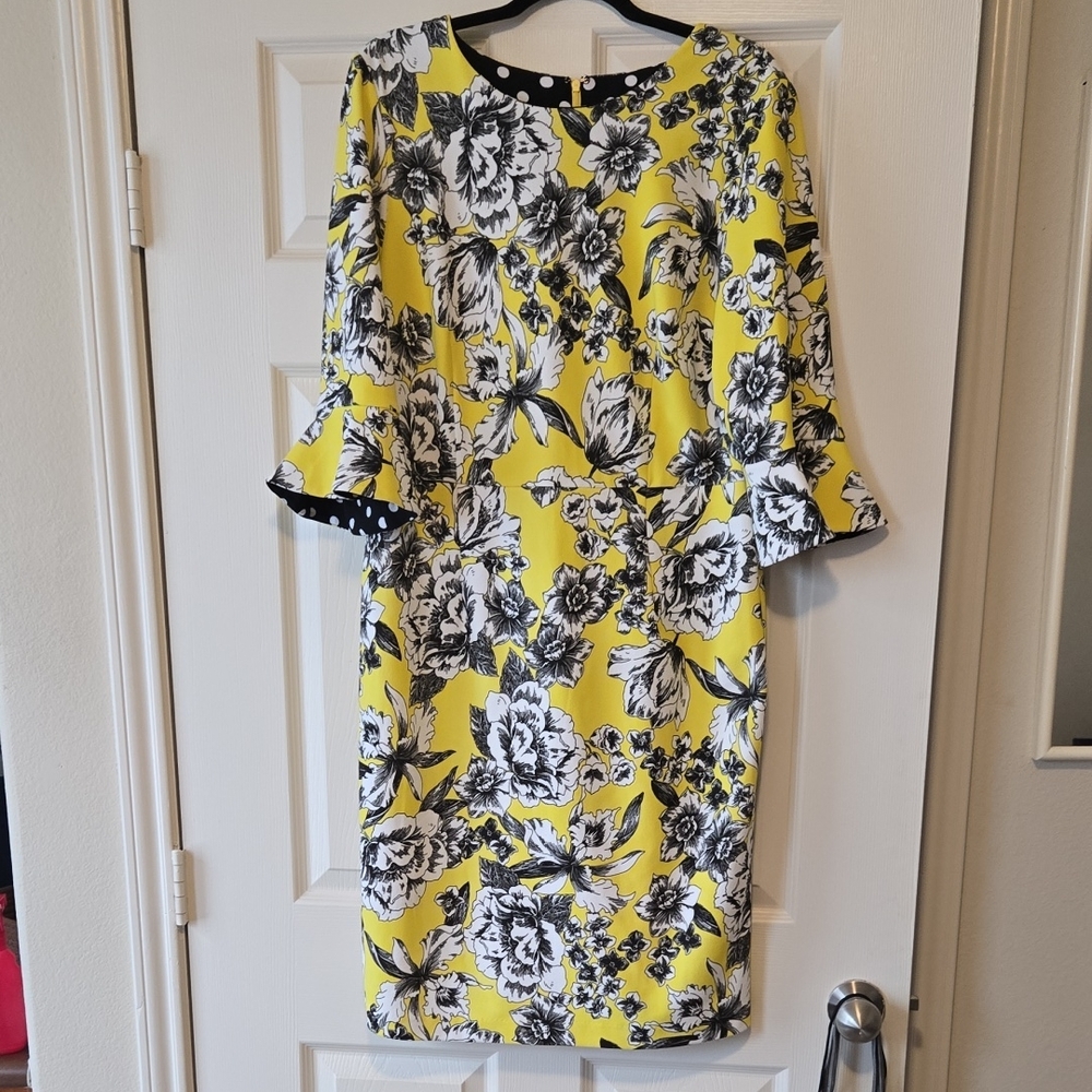 Shelby & Palmer Yellow Floral Sheath Dress with Bell Sleeves